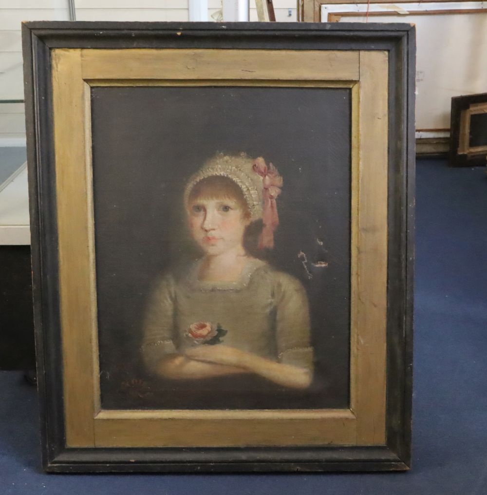 Early 19th century Continental School, possibly American Portrait of a girl holding a rose 24 x 19in.